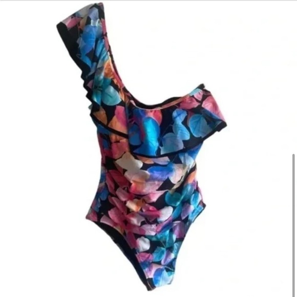 New! Profile by Gottex Color Rush Black Ruffle One Shoulder One Piece Swimsuit‎ - Picture 3 of 7